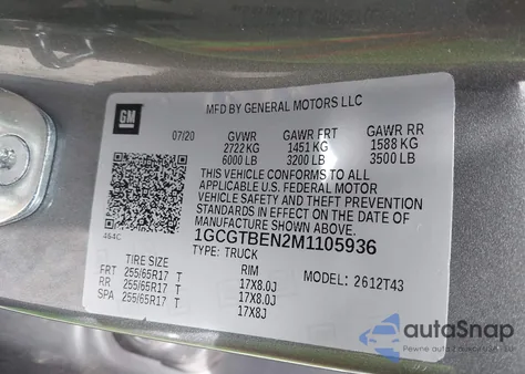 2021 Chevrolet Colorado 4Wd Long Box Wt z USA, uszkodzony, nr VIN 1GCGTBEN2M1105936